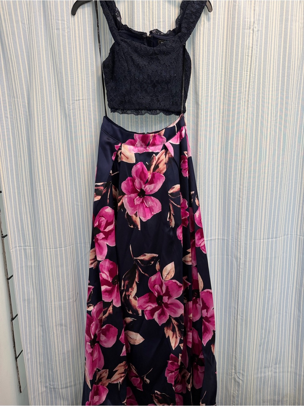 Speechless Navy Lace Crop Top with Pink Floral Maxi Skirt